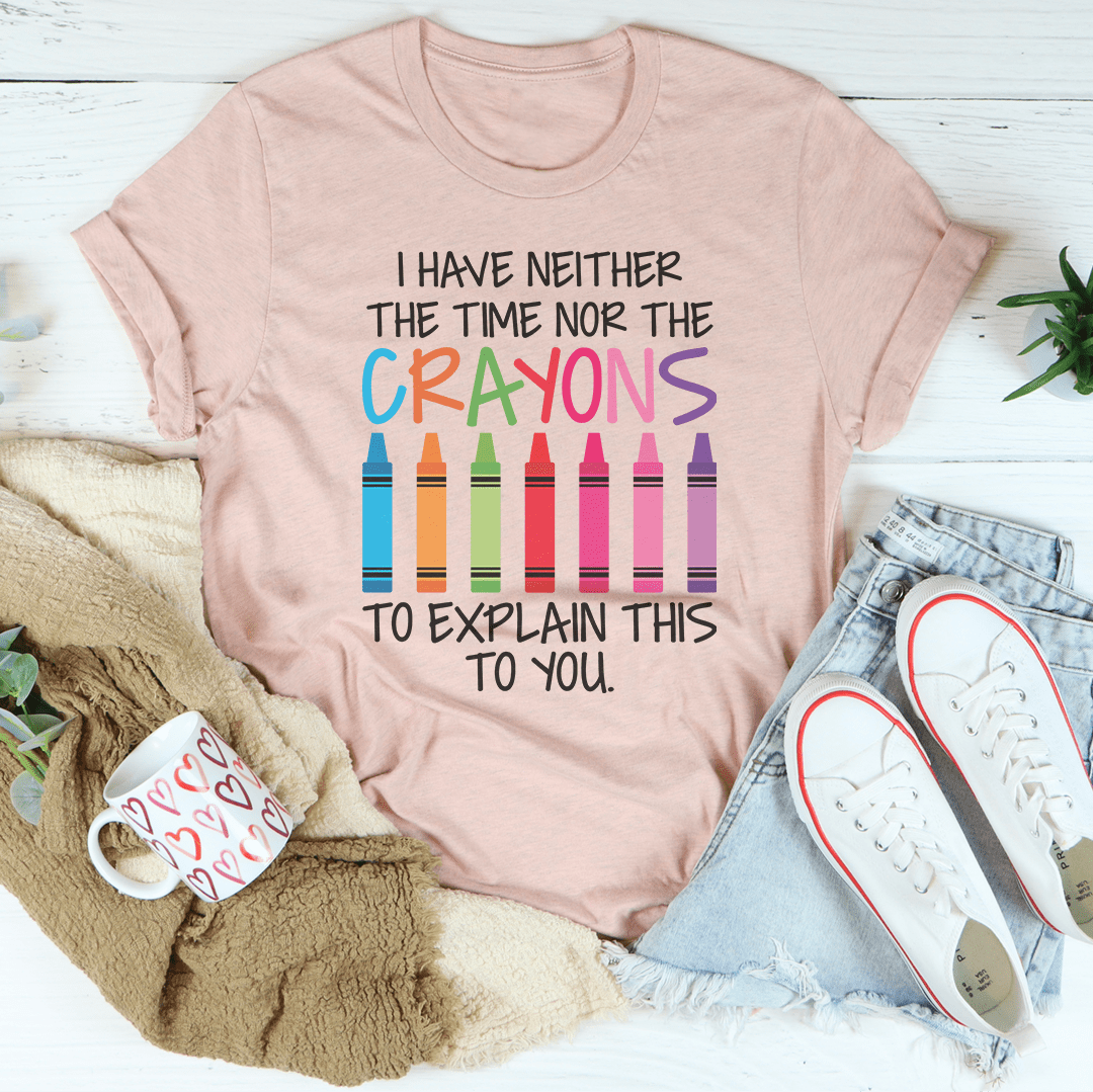 Blush pink short-sleeve crew-neck T-shirt with colorful crayon-style text graphic