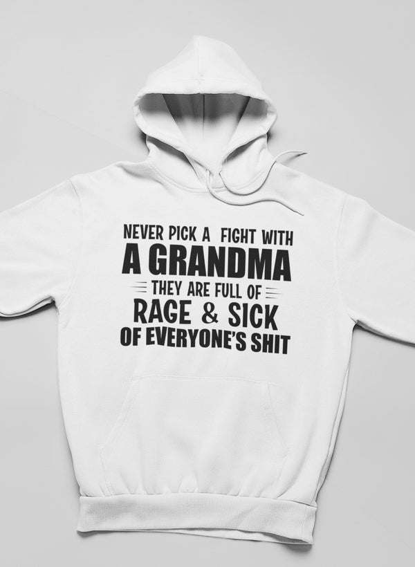 White hoodie with front slogan print, drawstring hood and kangaroo pocket