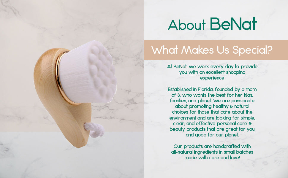 Facial brush with bamboo handle and soft white round bristle head.
