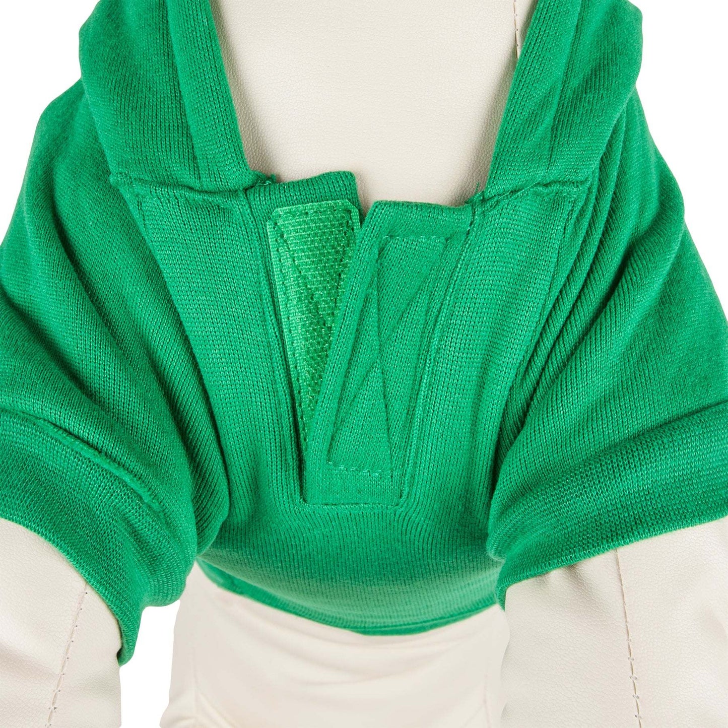 Green hooded pet sweater close-up showing front zipper and hood stitching
