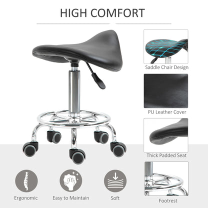 Saddle Stool PU Leather Adjustable Rolling Salon Chair Black for Massage Spa Clinic Beauty Tattoo