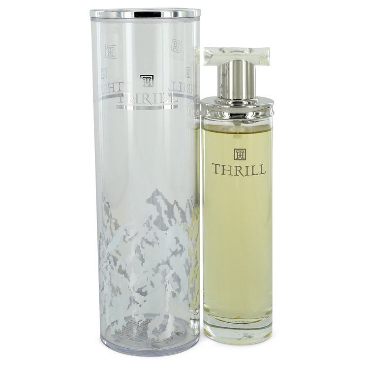 Eau de Parfum spray bottle with tall clear glass cylinder and silver cap