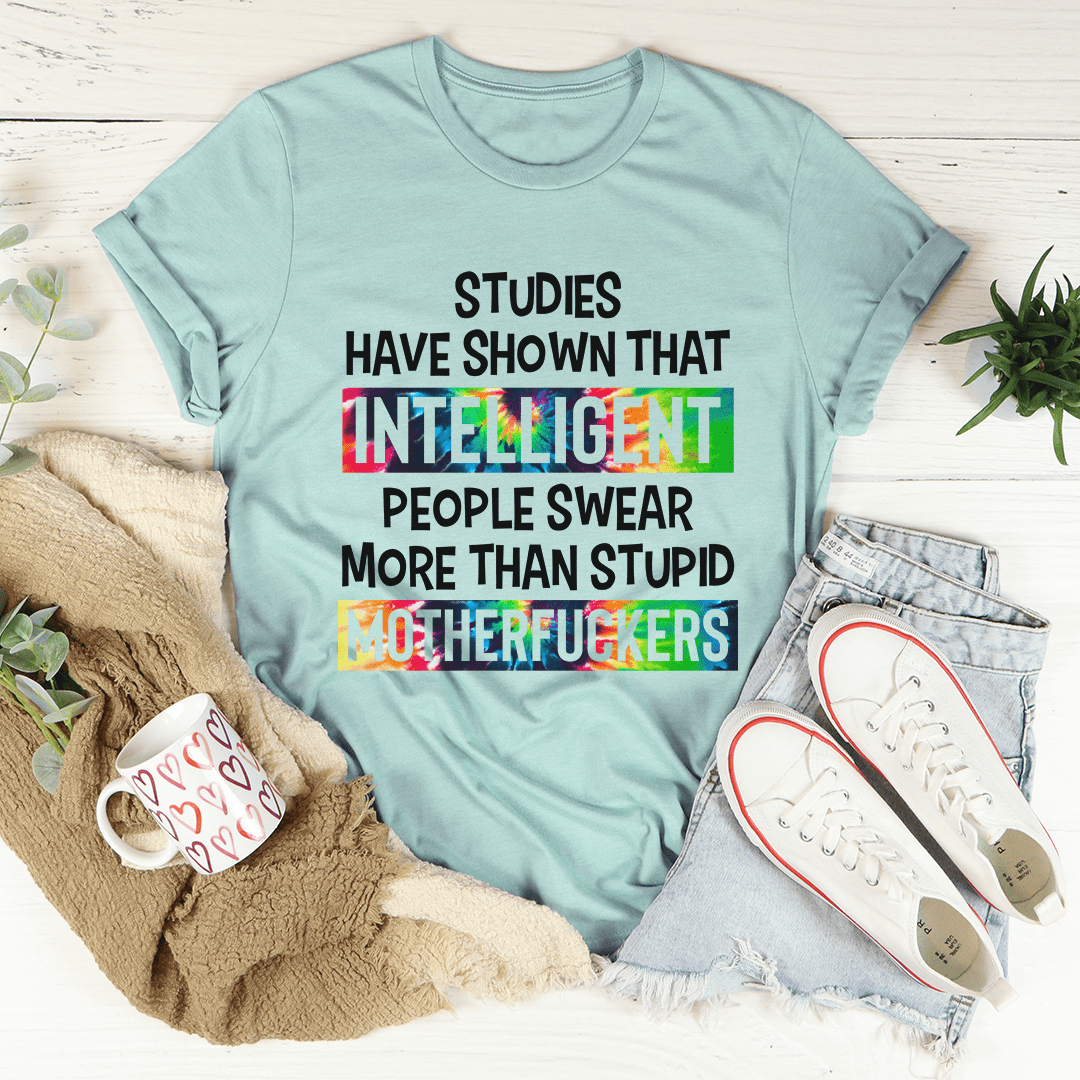 Teal crewneck T-shirt with colorful 'INTELLIGENT PEOPLE SWEAR' front text