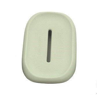 Silicone soap dish with vertical drainage slit, pale green color.