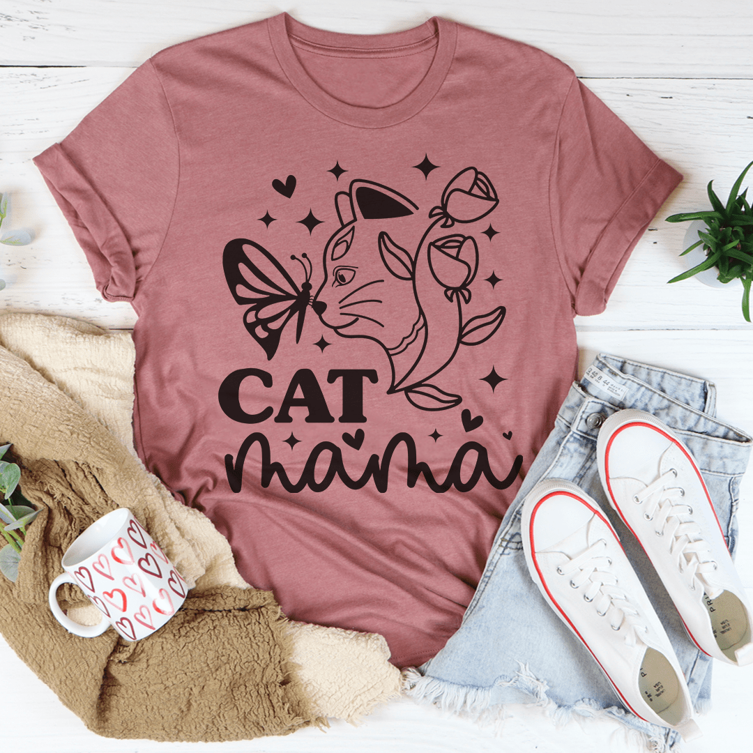 Soft pink cat-themed T-shirt with cat, petals, and 'CAT mama' graphic on front.