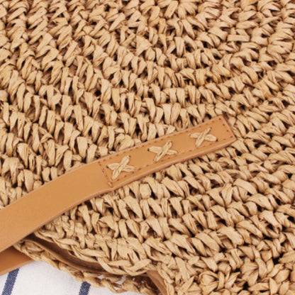 Straw tote bag strap with tan leather strip and three stitched star accents