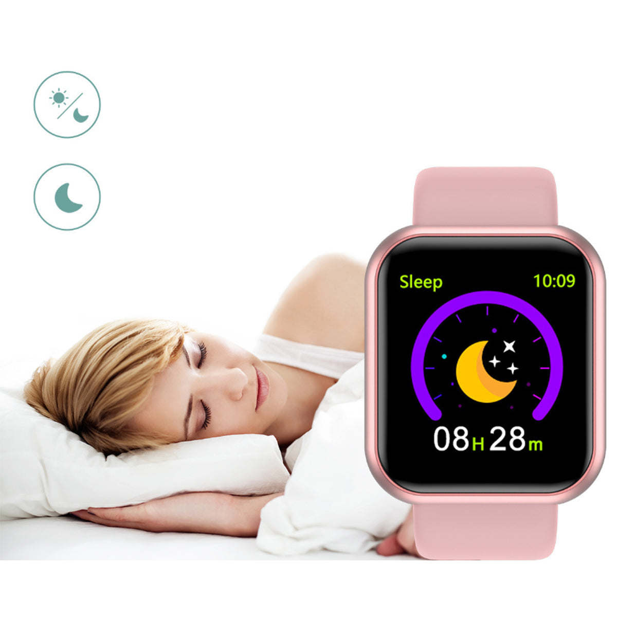 Pink smart watch with sleep display on screen, seated on wrist