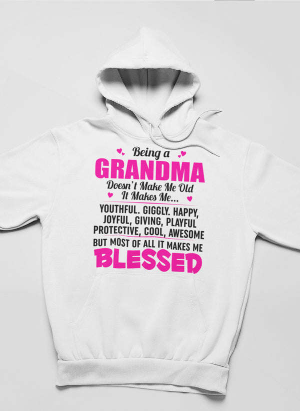 White grandma hoodie with front hood and kangaroo pocket; pink and white text graphic