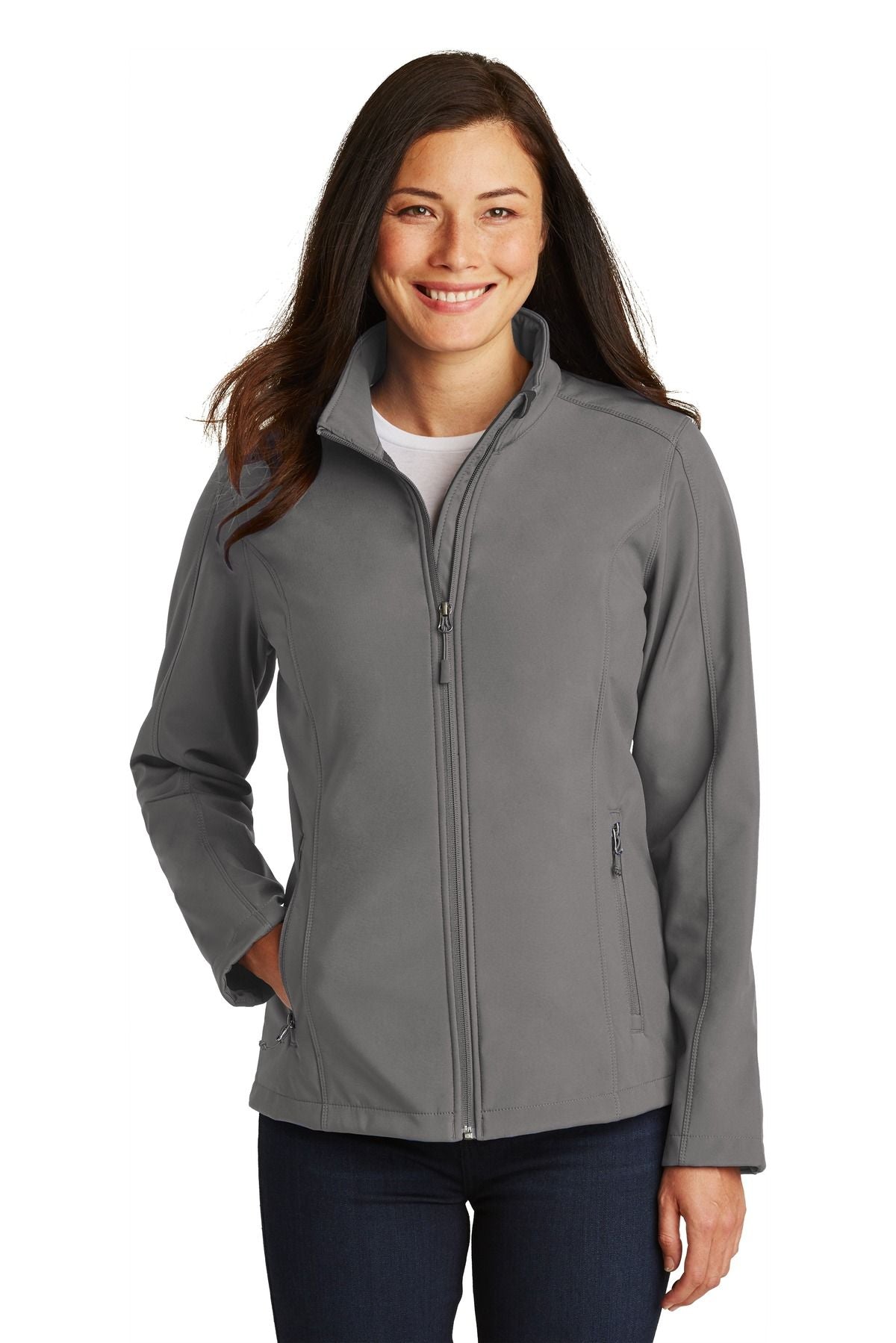 Ladies soft shell jacket in heathered grey, full-zip with stand collar