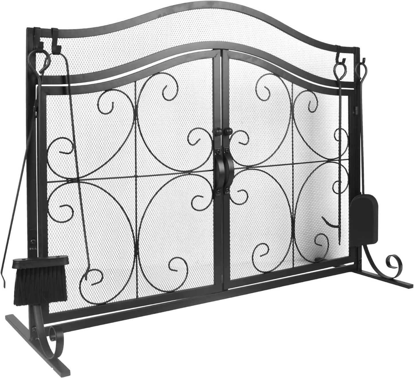 Black curved-top metal fireplace screen with two mesh doors and scroll pattern