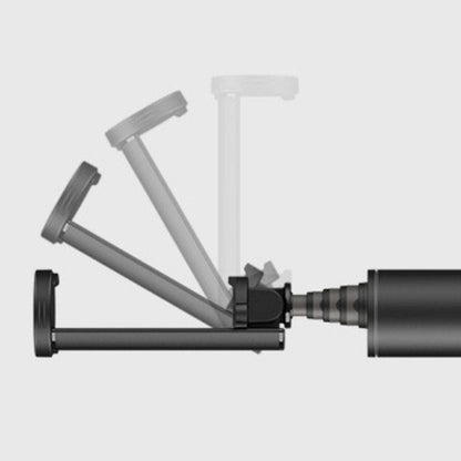 Folded selfie stick mechanism in dark and light gray with phone mount end