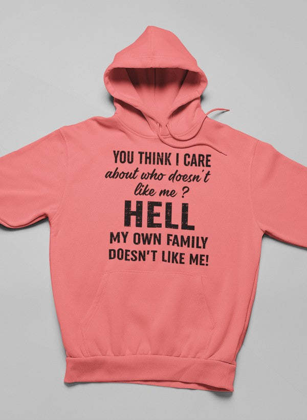 Coral pink hoodie, back view with printed slogan
