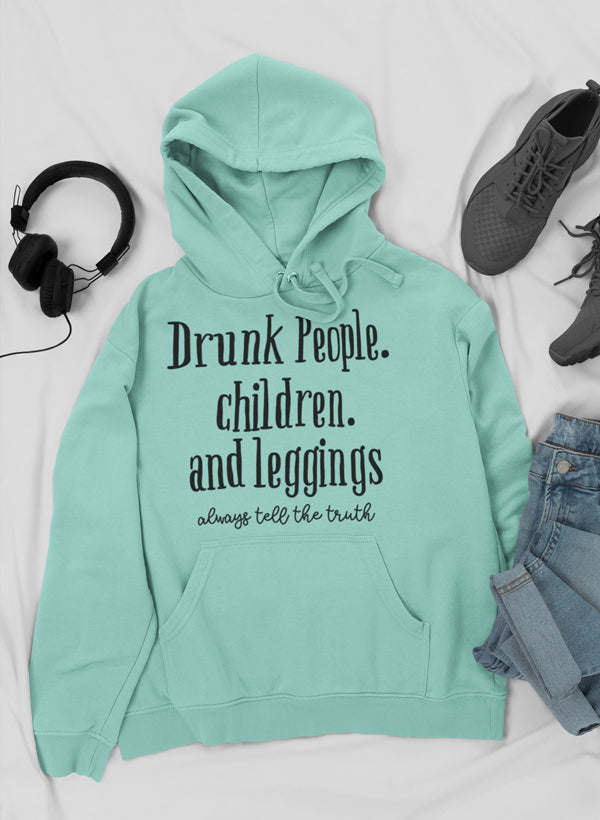 Kids' pullover hoodie in mint green with printed front, hood drawstrings, and kangaroo pocket.