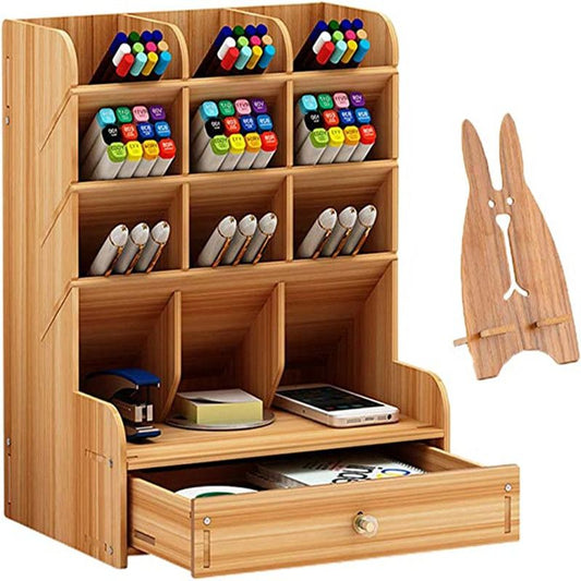 Wooden desk organizer with 12 pen cubbies and open base drawer