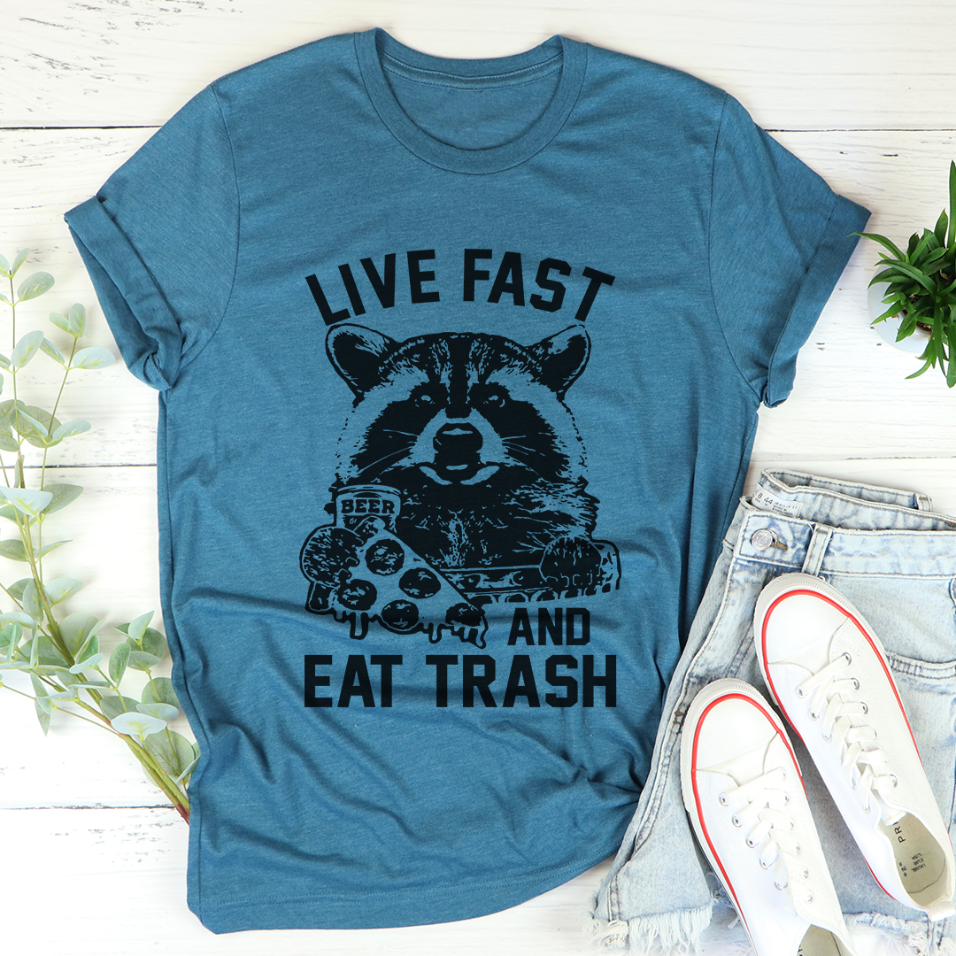 Short-sleeve heather deep teal T-shirt with raccoon “Live Fast” and “Eat Trash” graphic