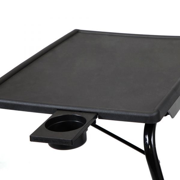 Black tabletop with round cup holder attachment and support arm