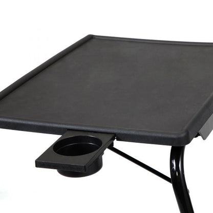 Black tabletop with round cup holder attachment and support arm