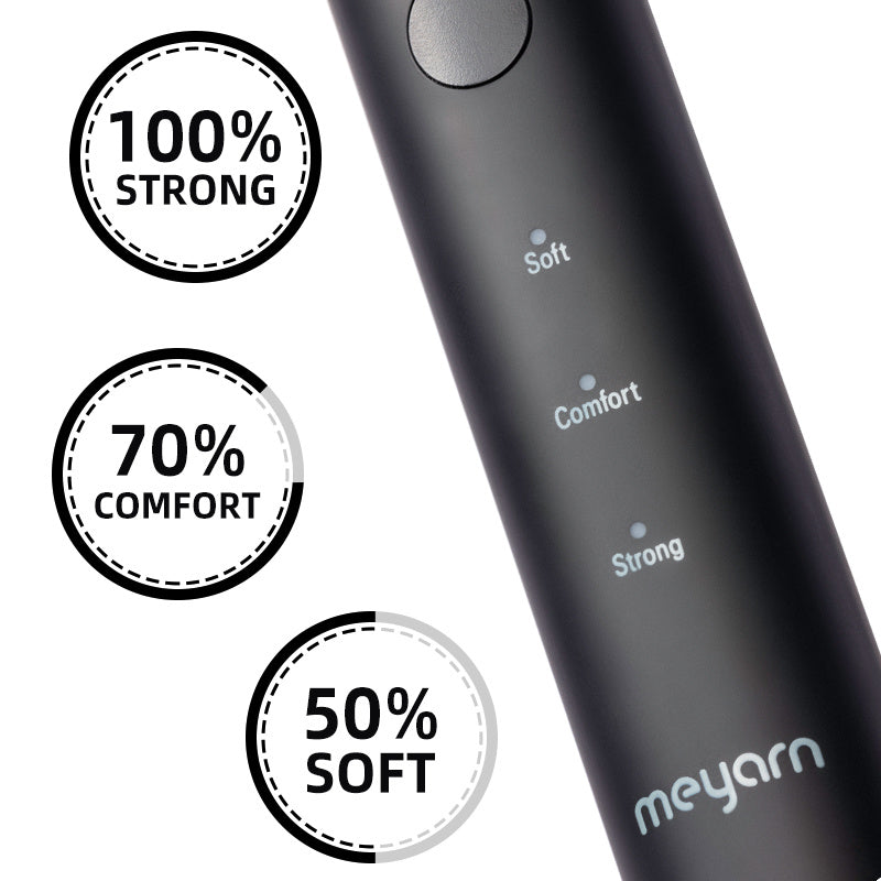 Black electric dental plaque remover with mode labels for soft, comfort, and strong