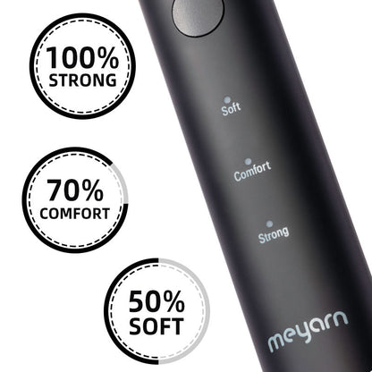 Black electric dental plaque remover with mode labels for soft, comfort, and strong