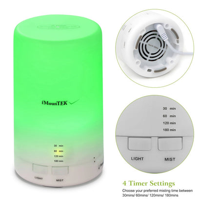 Mini aroma humidifier with green LED glow, top vent and front control panel detail