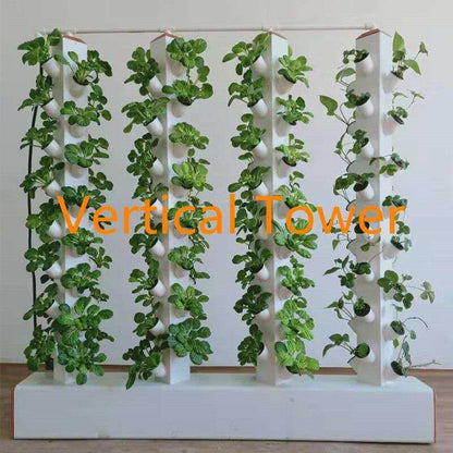 White 7-layer hydroponic vertical tower with leafy greens in growing holes