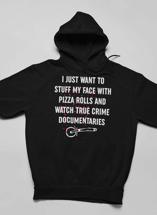 Pizza Rolls hoodie, black back with large graphic text under hood