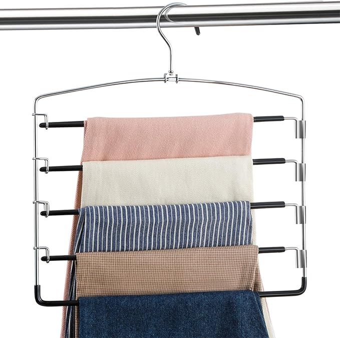 Multi-layer non-slip pants hanger set with swing arms, holding folded pants