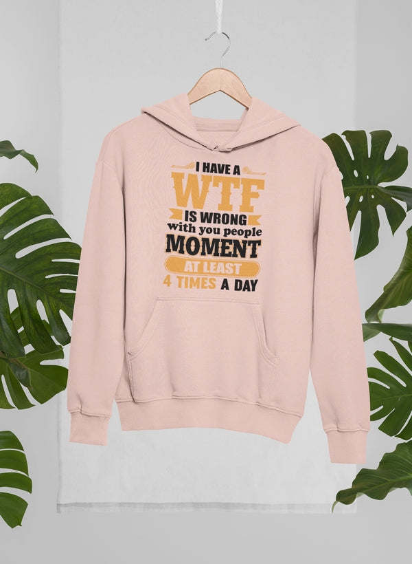 Light pink hoodie with 'WTF' slogan print, hood, and front pocket