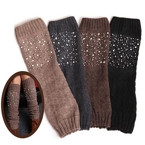 Four-pack knee-high leg warmers with ribbed knit and glittering crystal accents