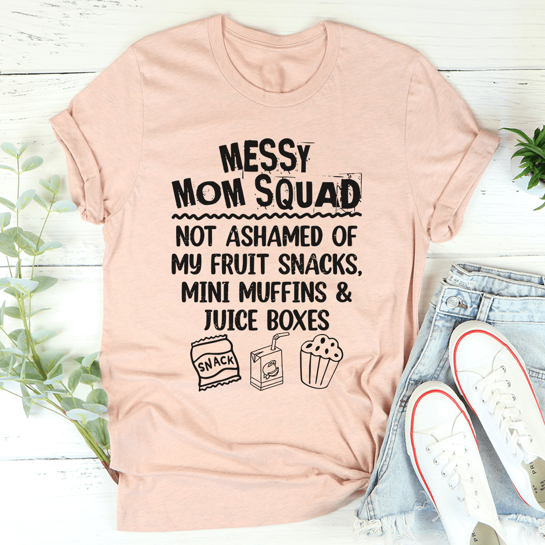 Heather prism peach graphic T-shirt with "Messy Mom Squad" text and snack icons