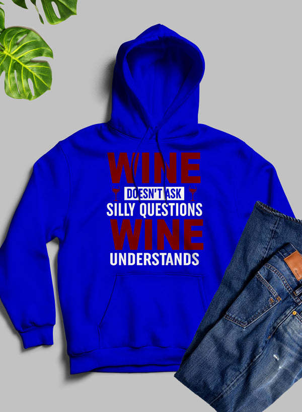 Royal blue hoodie with chest graphic reading WINE and a short slogan.