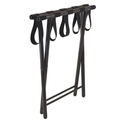 Folding luggage rack with straight black legs and looped straps, open frame