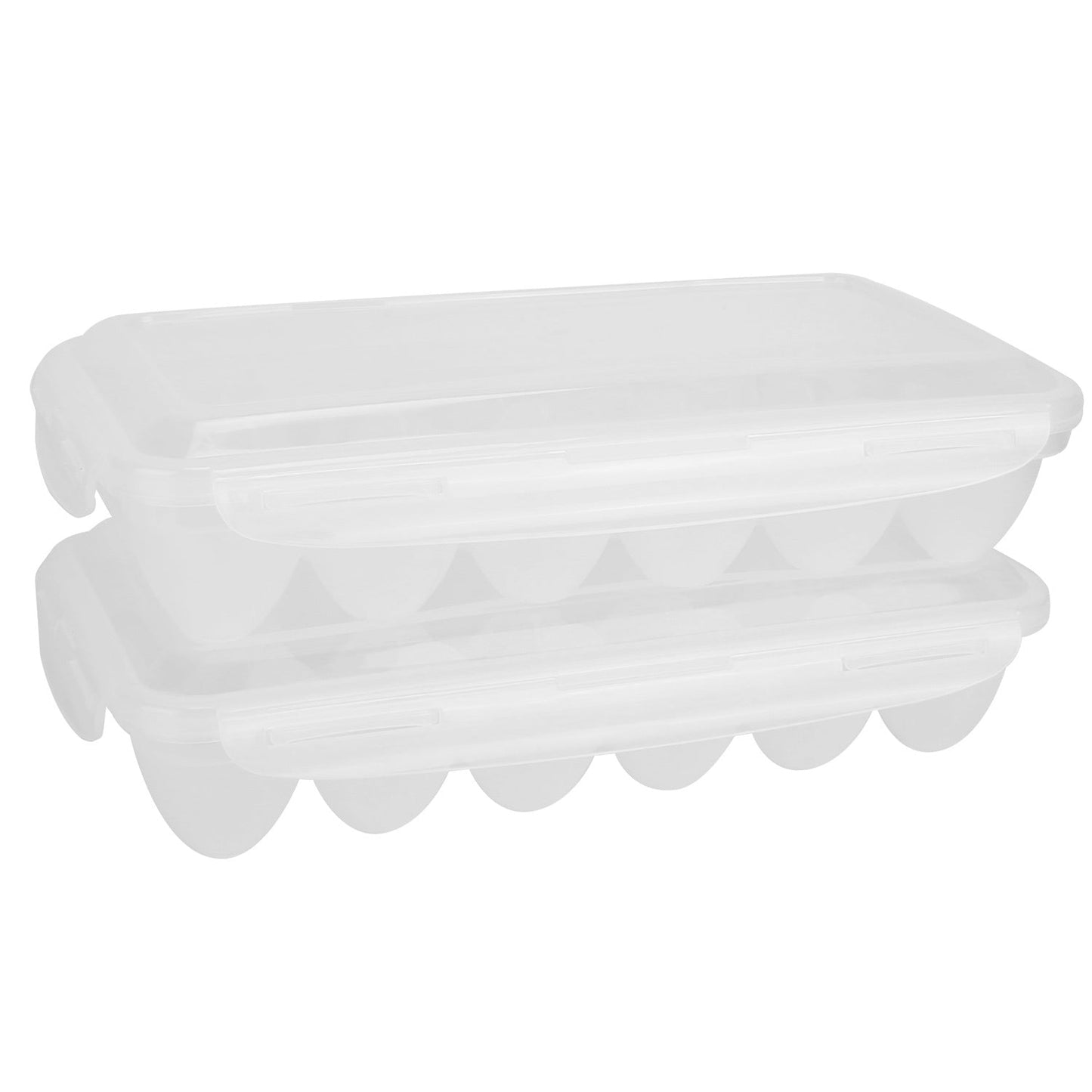 Stacked clear plastic egg storage bins with matching lids, tray-style dividers