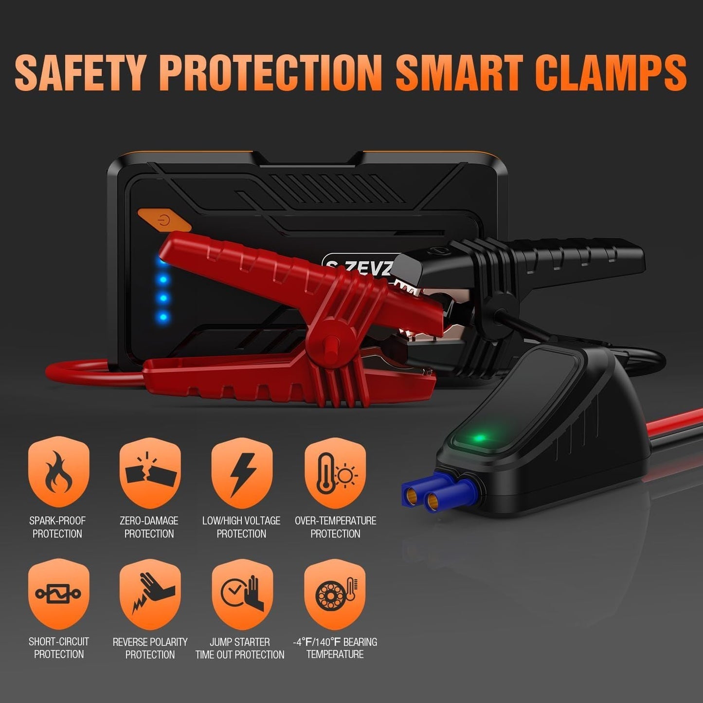 Orange and black jump starter with smart red and black clamp cables