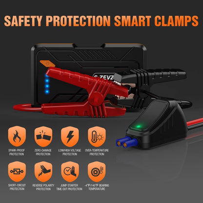 Orange and black jump starter with smart red and black clamp cables