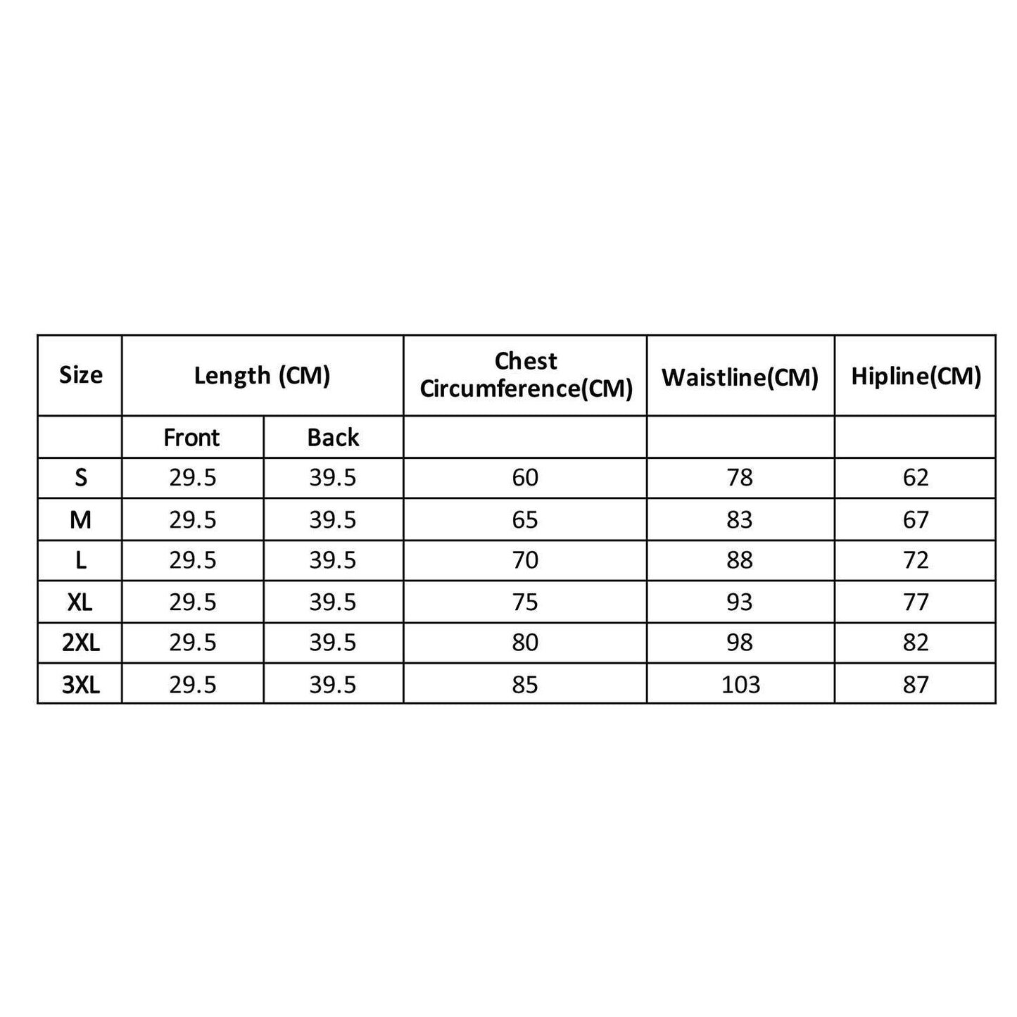 Waist trainer corset size chart with length, chest, waistline, and hipline measurements
