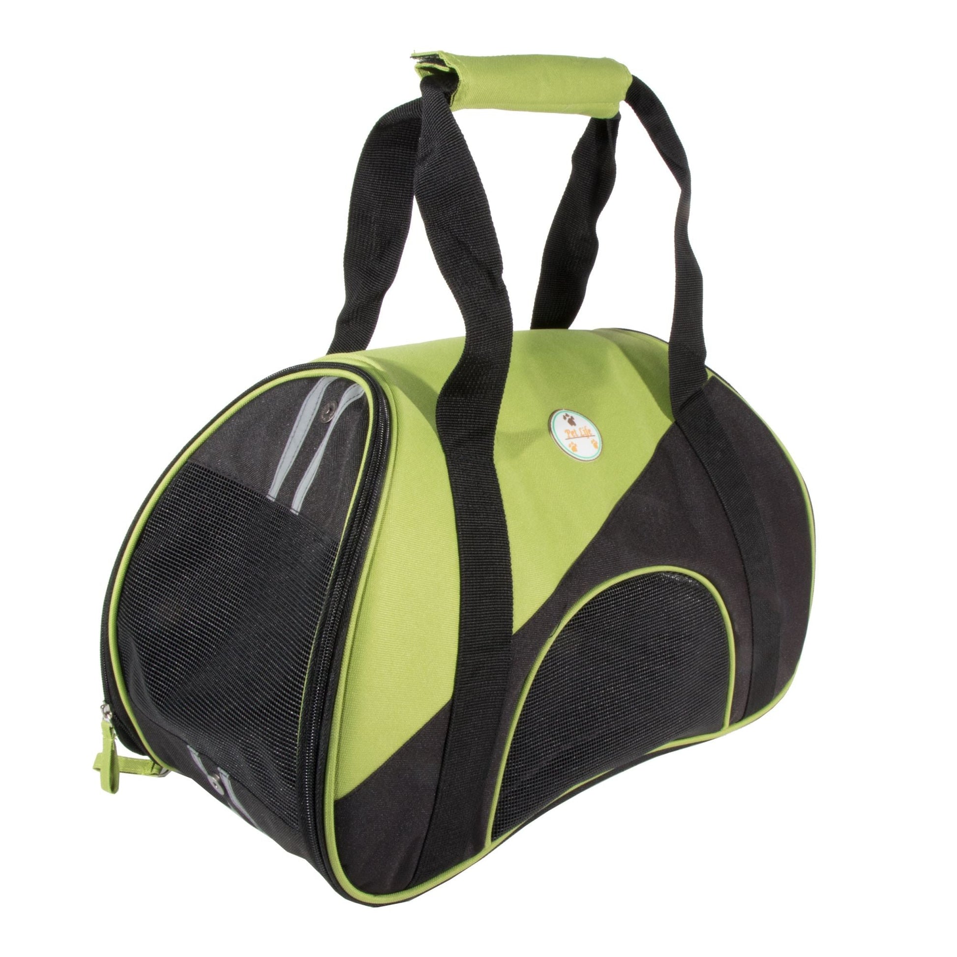 Airline-approved pet carrier, lime green and black, with two mesh window ends