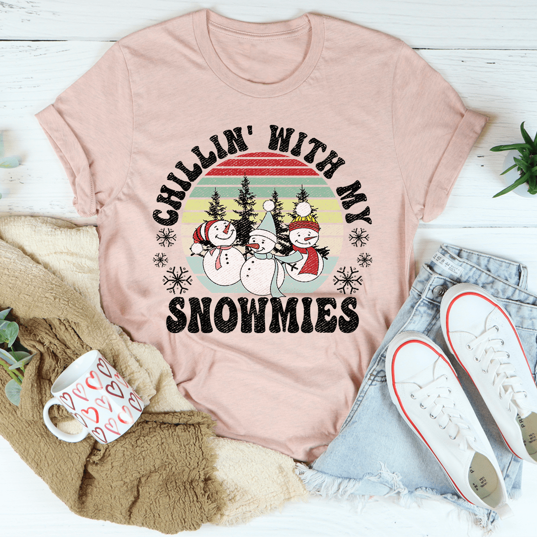 Peach crewneck T-shirt with 'Chillin With My Snowmies' snowmen graphic