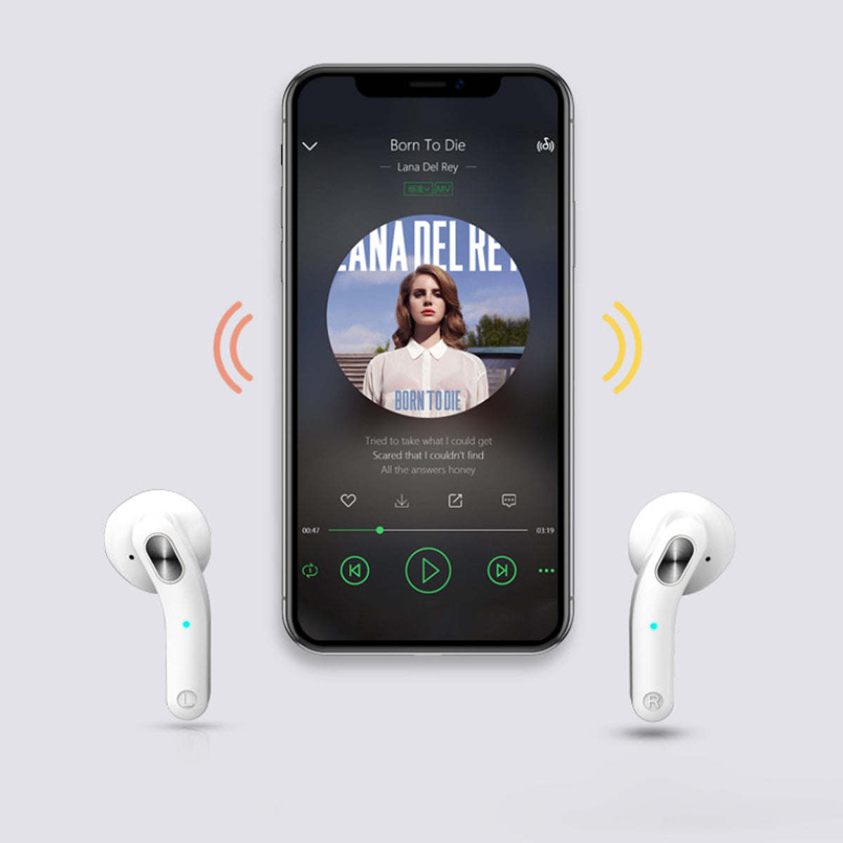 Bluetooth earbuds pairing with a smartphone, black and white earbuds shown with icons