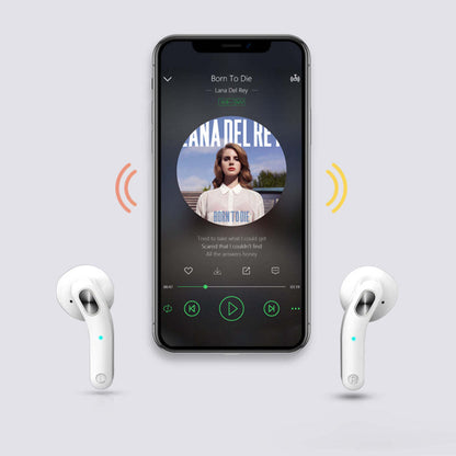 Bluetooth earbuds pairing with a smartphone, black and white earbuds shown with icons
