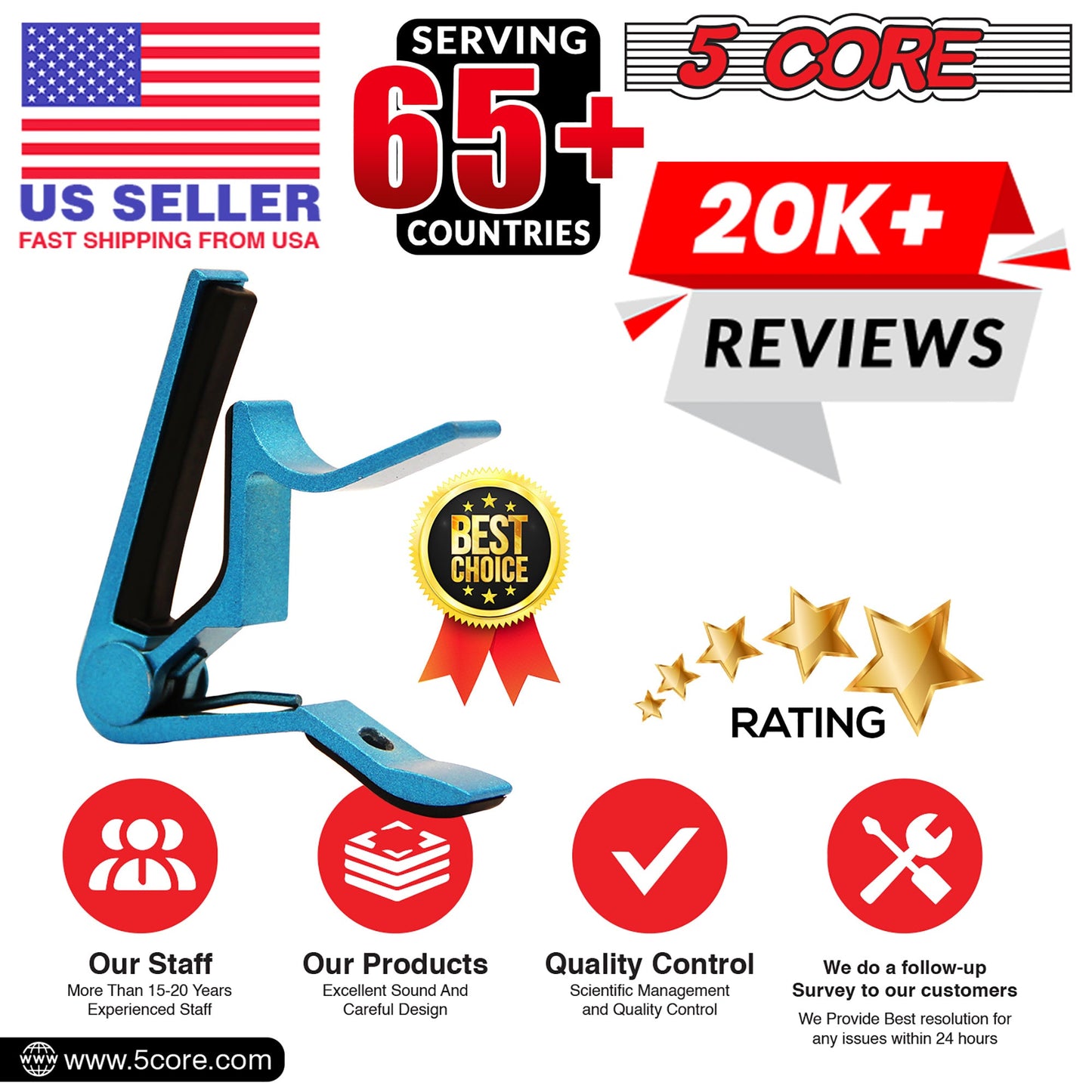 Blue guitar capo clip with spring arm and fret-gripping pad