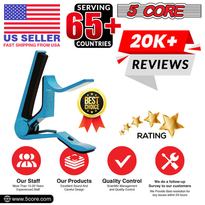Blue guitar capo clip with spring arm and fret-gripping pad