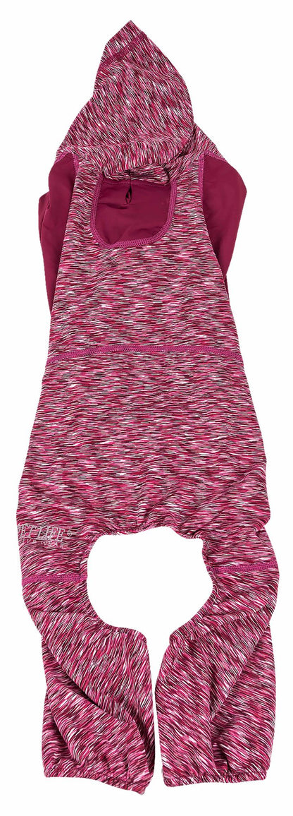 Two-tone heathered full-body dog hoodie with hood, front pouch, and paw cutouts