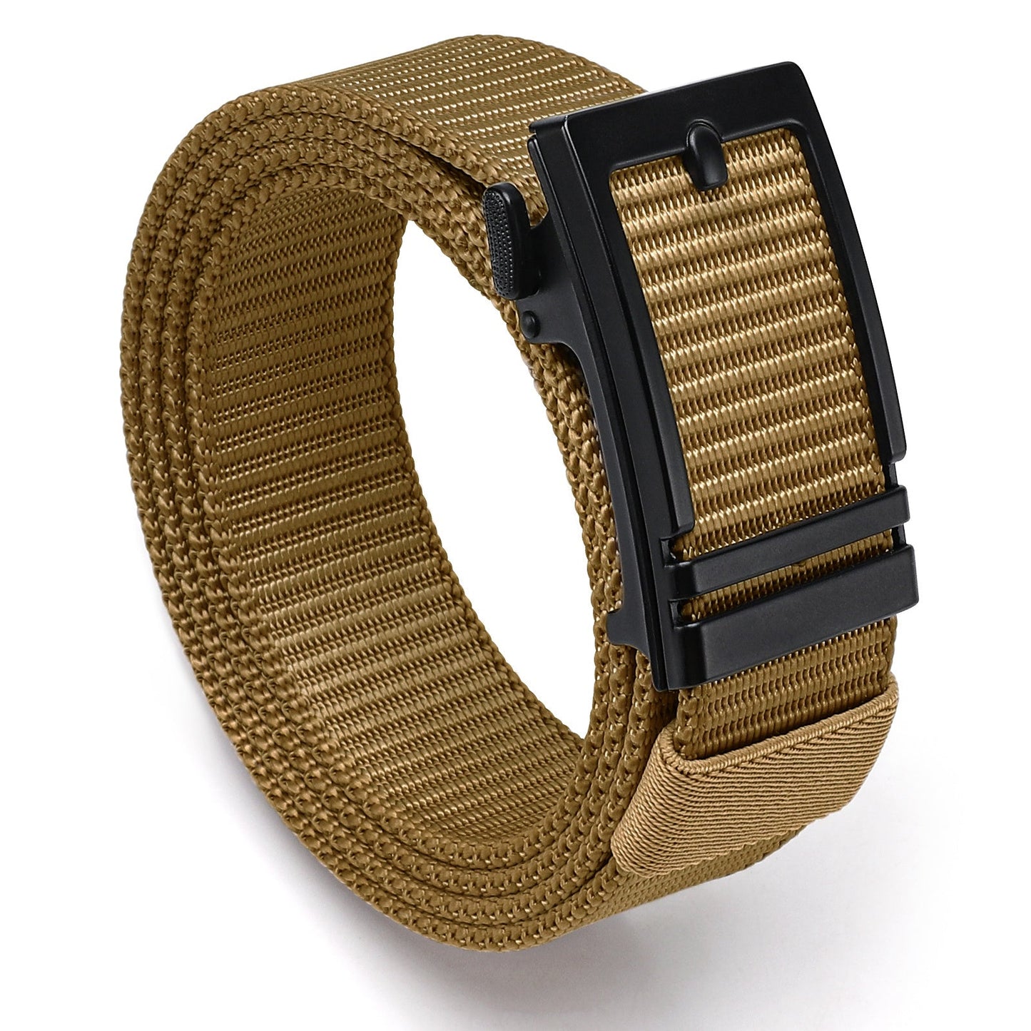 Olive nylon belt with black buckle, adjustable woven strap