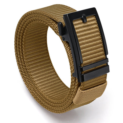 Olive nylon belt with black buckle, adjustable woven strap