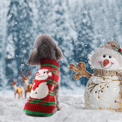 Green and red striped pet turtleneck sweater with snowman graphic, back view