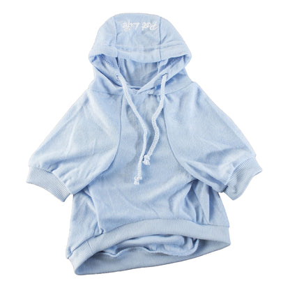 Light blue pet pullover hoodie with hood, drawstring, and ribbed cuffs and hem