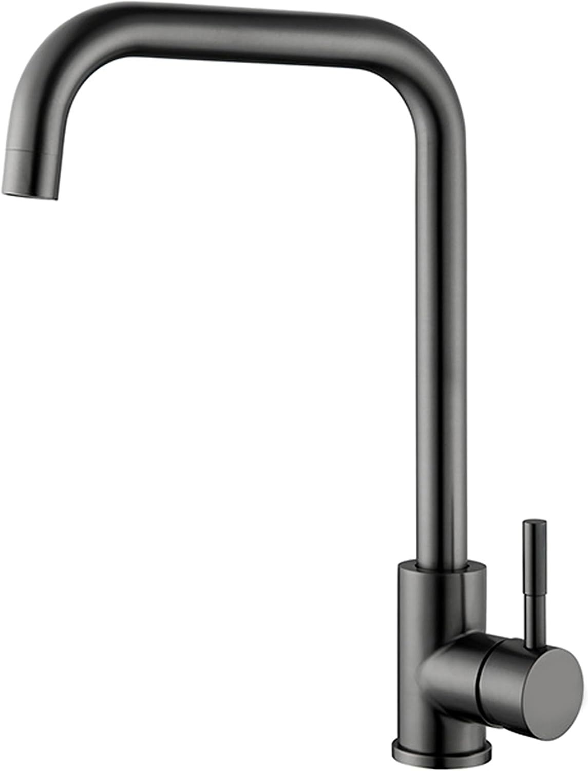 Matte black kitchen faucet with single lever, sprayer outlet, and curved spout