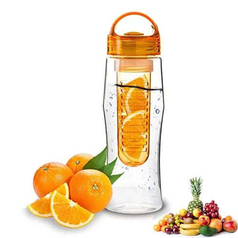 Fruitzola fruit infuser water bottle with amber lid, clear body, and fruit infuser chamber