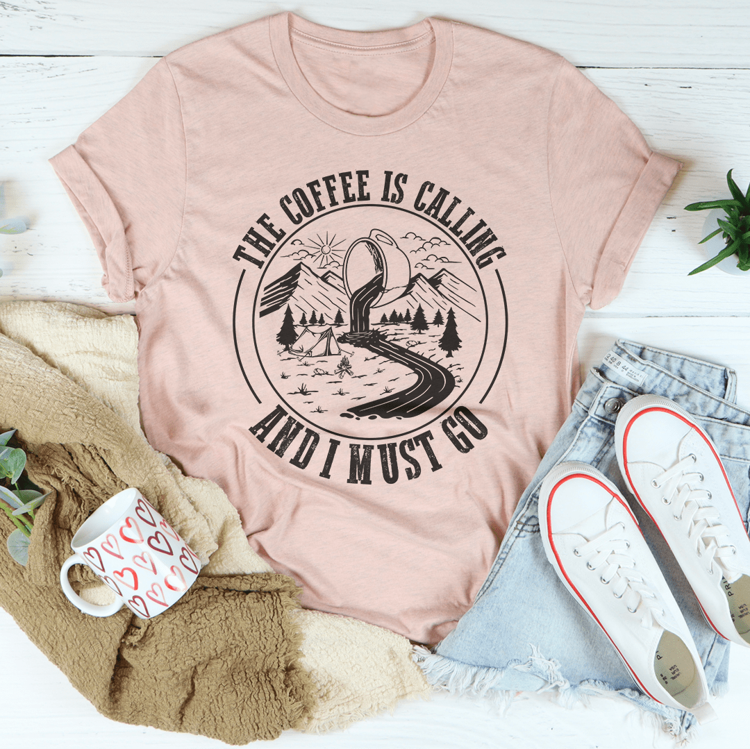 Light pink crew-neck T-shirt with centered coffee-themed circular graphic print
